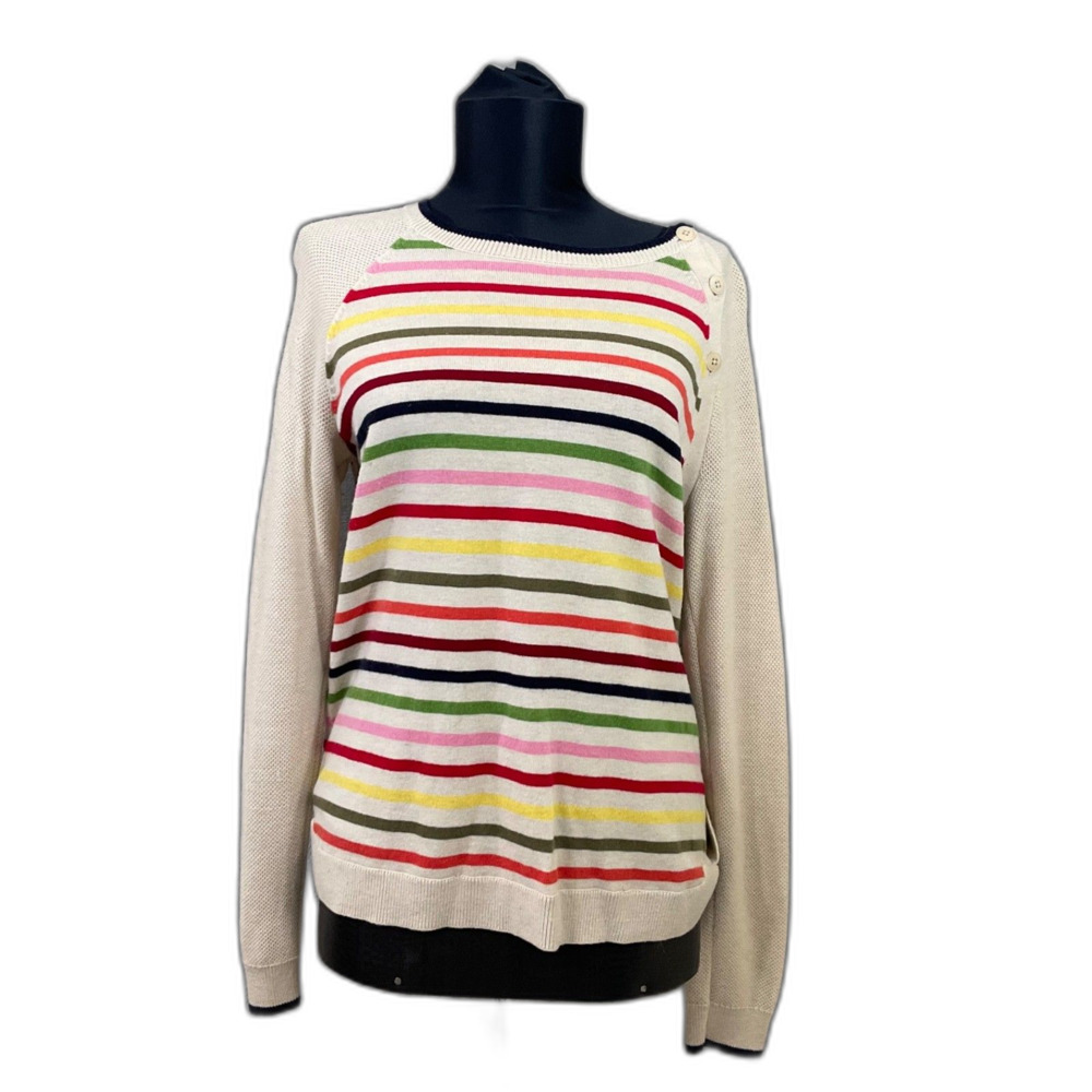 TALBOTS Sweater MP Petite Lambswool Blend multi Striped Boat Neck Pullover Beige